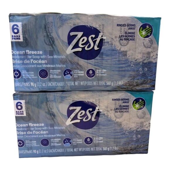 Zest Ocean Breeze Bar Soaps Each 3.2 oz 6-Bar Package Lot of 2 Sea Mineral